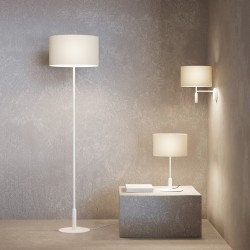 Lámpara de pie BASIC STYLO. Metal blanco arenado y textil natural 25x25x150cm