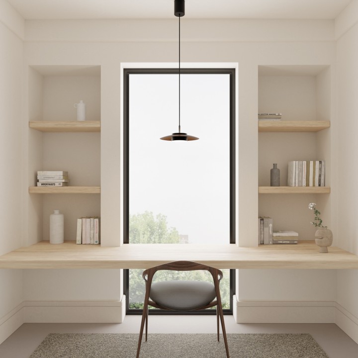 Lámpara de techo VALENTINA.Metal plano S madera y módulo negro.LED 18W