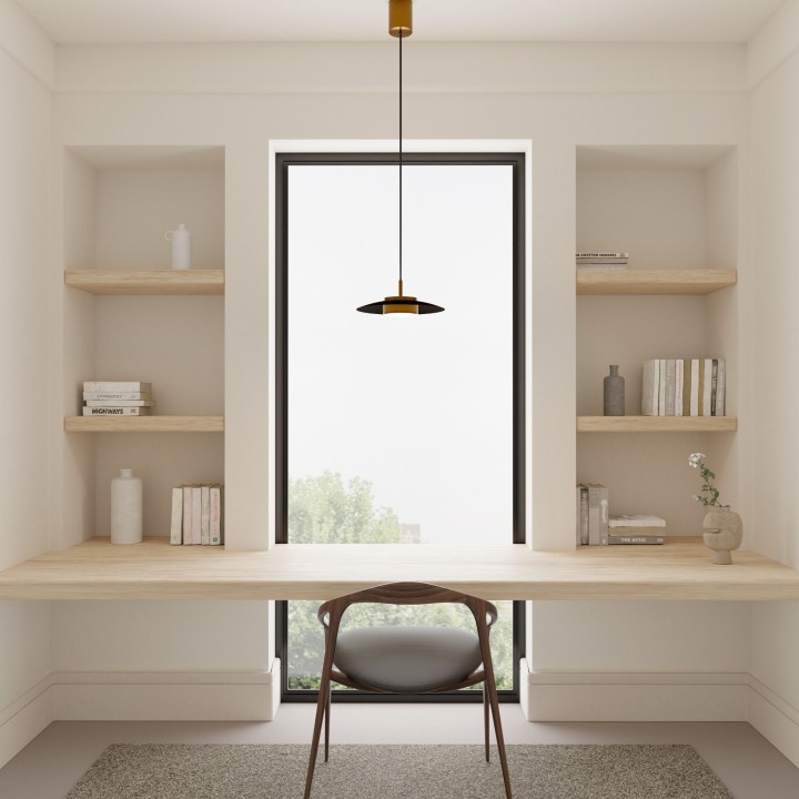 Lámpara de techo VALENTINA.Metal plano S negro y módulo latón. LED 18W