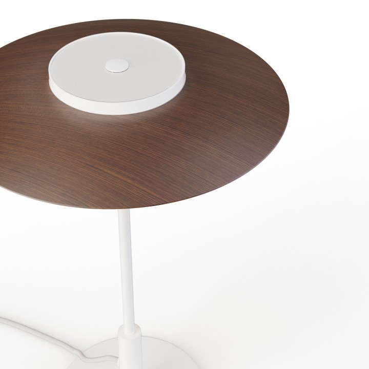 Sobremesa VALENTINA. Metal blanco y tulipa acabado madera. LED 9W. CCT