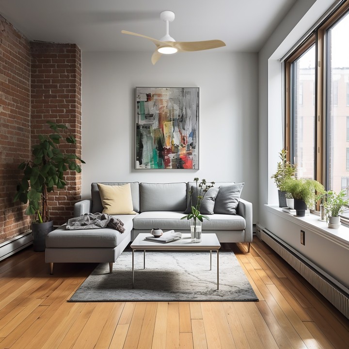 Ventilador de techo DIEHL M blanco y palas madera clara con luz Sulion