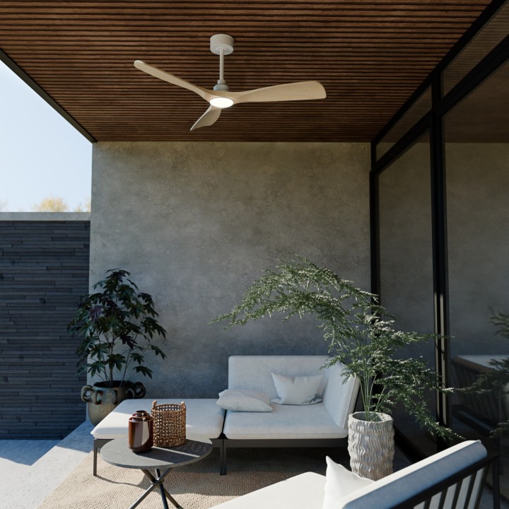 Ventilador de techo CARLA L blanco y palas de madera, con luz Sulion