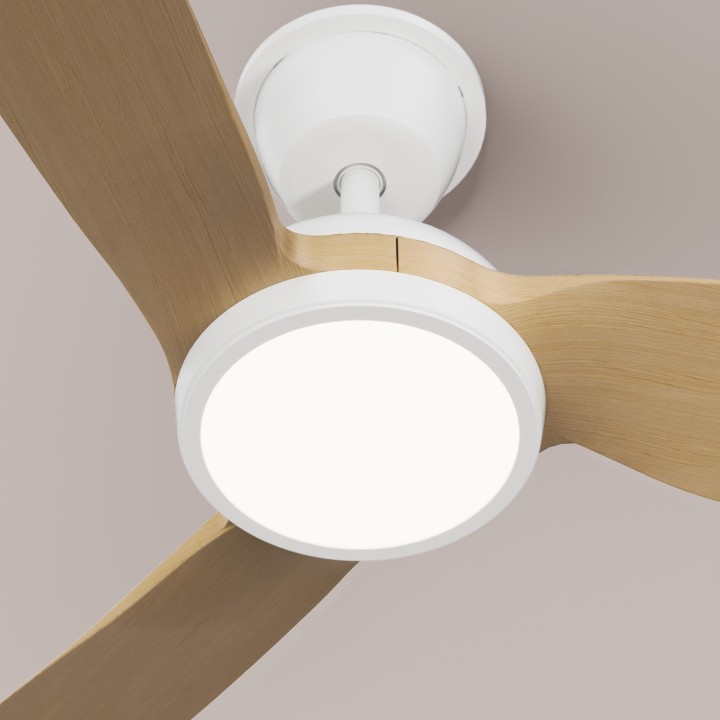 Ventilador DANA blanco con luz y palas de madera IP66 – Sulion