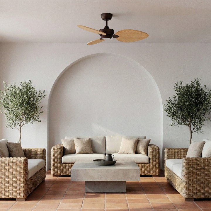 Ventilador ALMA S óxido madera clara con luz – Sulion