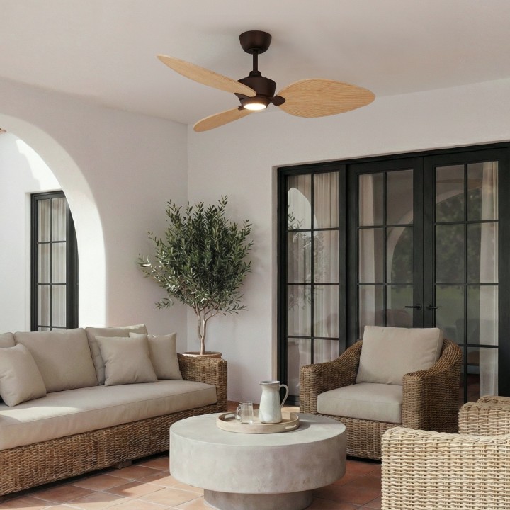 Ventilador ALMA L óxido madera clara con luz – Sulion