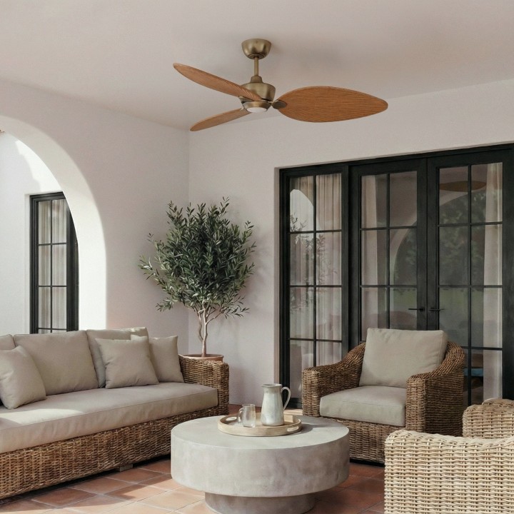 Ventilador ALMA L latón madera clara con luz – Sulion