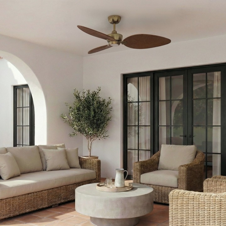 Ventilador ALMA L latón madera media con luz – Sulion