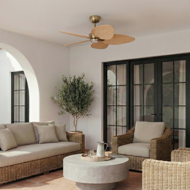 Ventilador ALMA L latón madera media con luz – Sulion